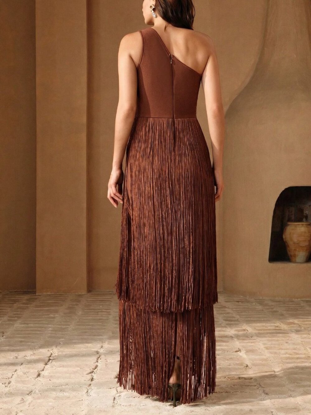 Coffee Elegant Women's Fringe Zipper Asymmetrical Mini Bodycon Dress - Picture 2 of 7